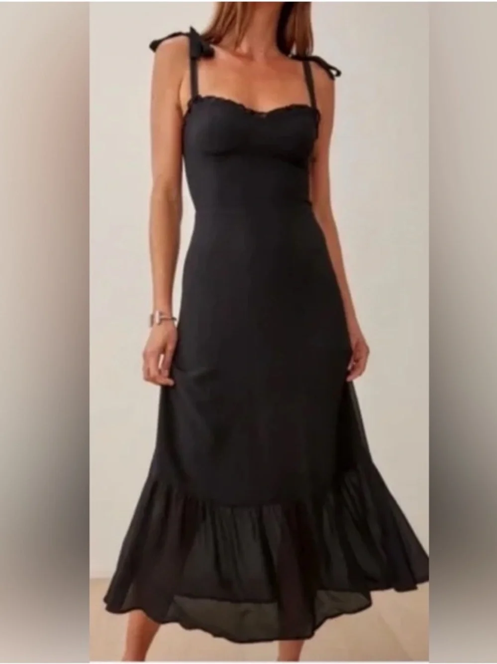 Reformation Black Tie-Shoulder Georgette Frill Hem Maxi Dress 4 - Picture 15 of 15
